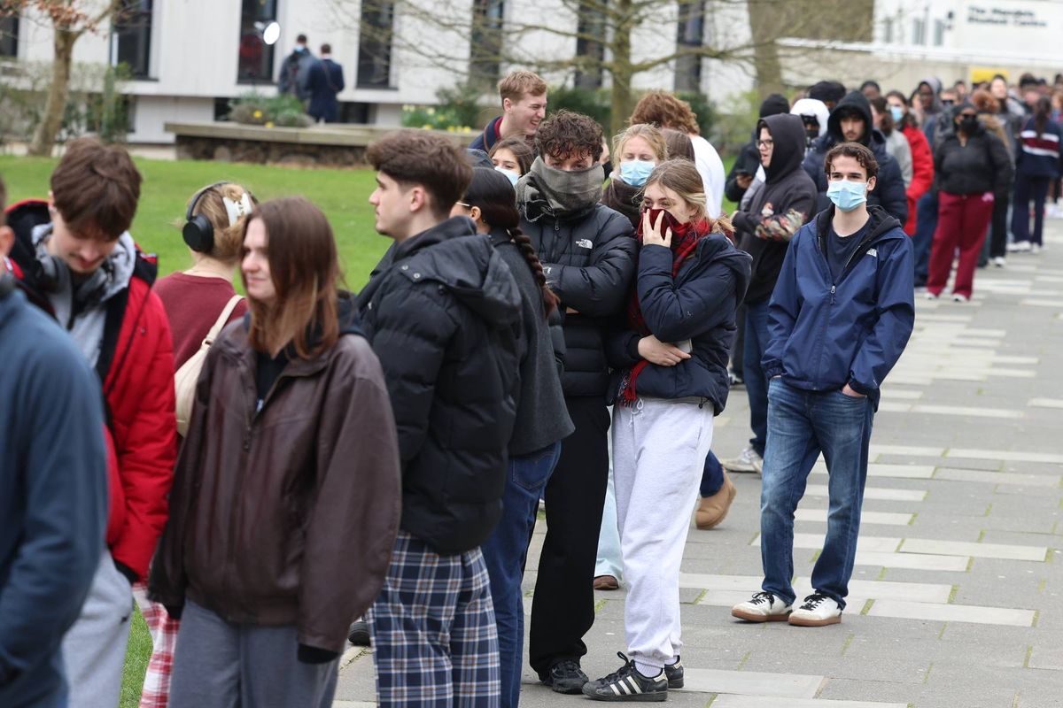 Students at the University of Kent lining up for antibiotics