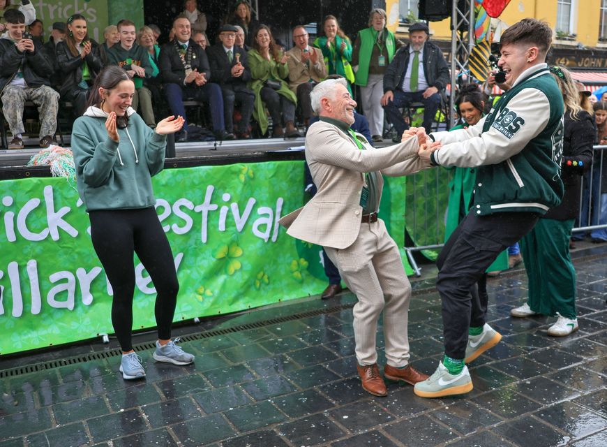  The famous Fleming duo Tadgh and Derry Fleming, who were the judges in the St Patrick's Festival Parade, in Killarney town on Tuesday, organised by Killarney Chamber of Tourism and Commerce. Photo by Valerie O'Sullivan. 