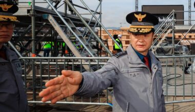 Park Jeong-bo, chief of the Seoul Metropolitan Police Agency, checks the stage for BTS