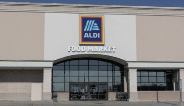 Aldi Discount Supermarket. Aldi sells a range of grocery items, including produce, meat and dairy at discount prices. stock photo