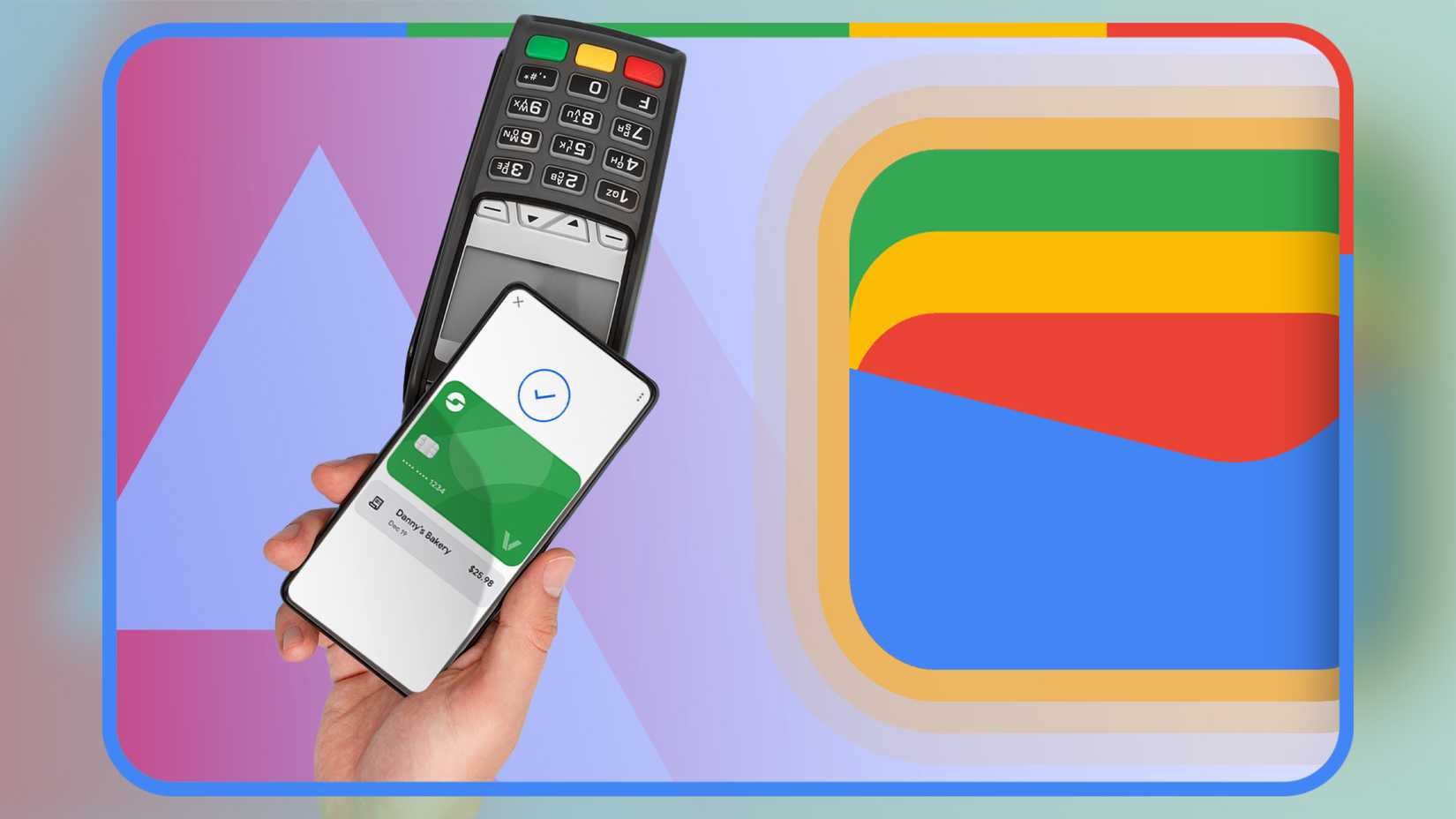 Hand holding a smartphone with Google Wallet open, tapping a payment terminal, with a large Google Wallet logo on the right
