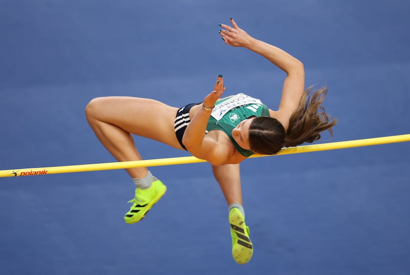 Kate O'Connor competes in the Women's high jump pentathlon. Photograph: Michael Steele/Getty