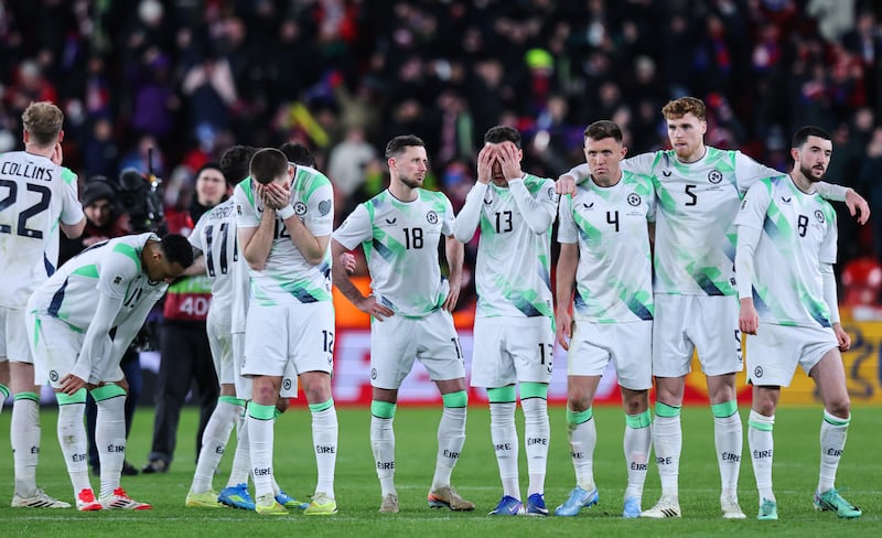 Ireland players react after losing Thursday's World Cup playoff semi-final against the Czech Republic on penalties. Photograph: Ryan Byrne/Inpho