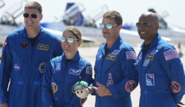 The Artemis II crew before going into quarantine on Friday. Pic: AP