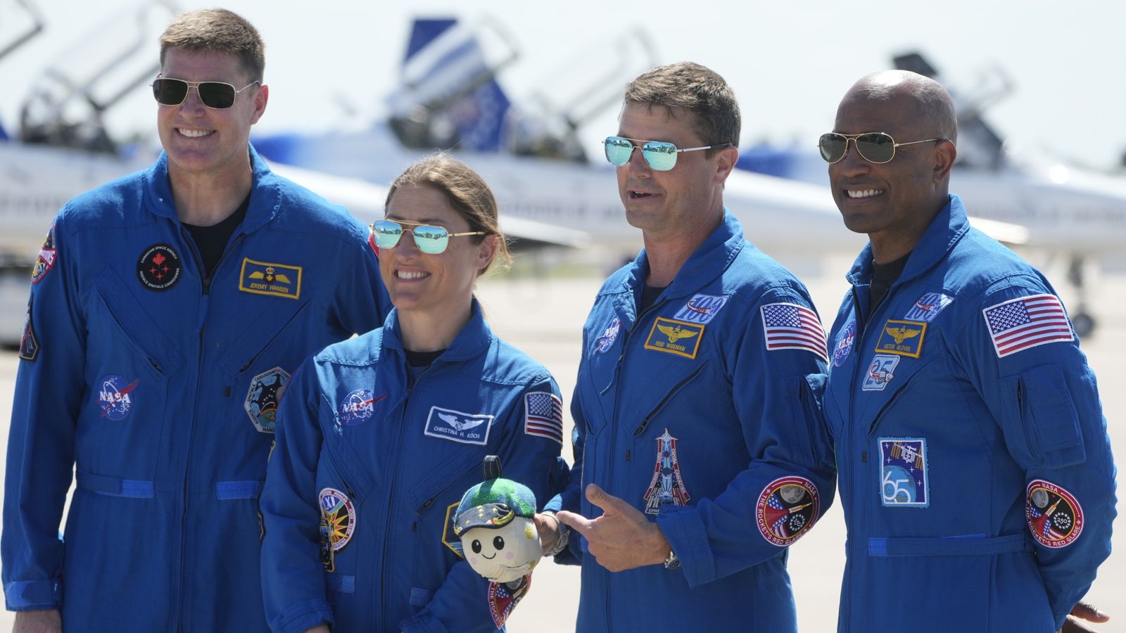 The Artemis II crew before going into quarantine on Friday. Pic: AP
