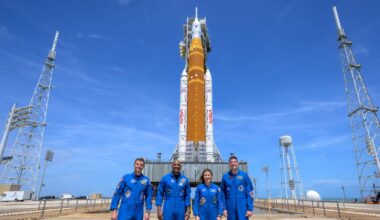The astronauts at NASA's Kennedy Space Center on Monday ahead of Artemis II launch. Pic: NASA/AP