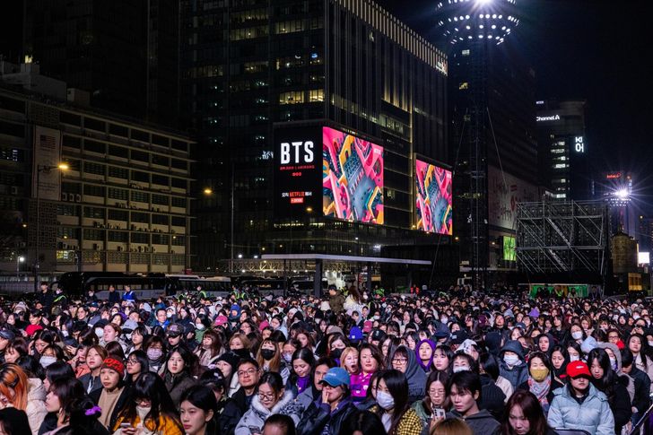 Concertgoers attend K-pop group BTS' comeback show at Gwanghwamun Square in central Seoul, Saturday. Courtesy of BigHit Music