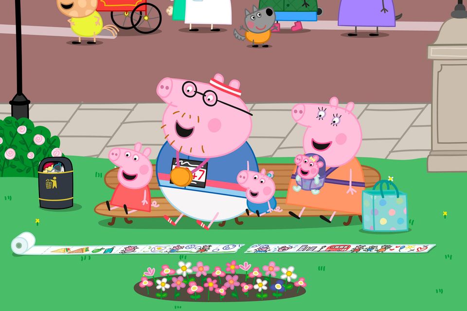 Illustration issued by Hasbro of Daddy Pig training for the TCS London Marathon 2026. Hasbro/PA Wire