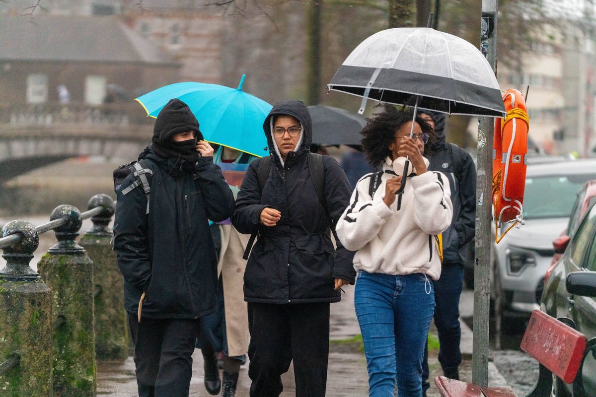 Several individuals are navigating a wet sidewalk, using various colored umbrellas to shield themselves from the rain. In the background, buildings and parked vehicles are visible.