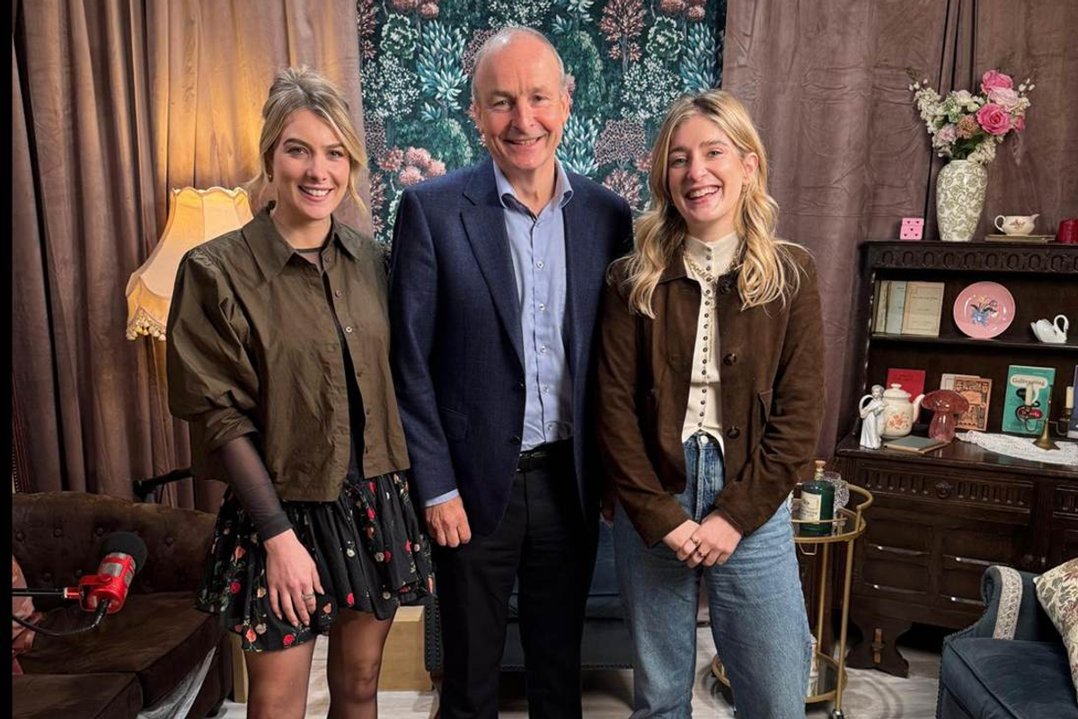 Podcast hosts Louise Cantillon and Doireann Ní Ghlacáin with Taoiseach Micheál Martin