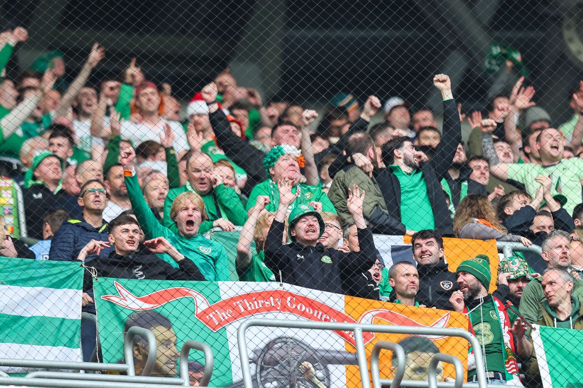 Ireland fans celebrate after Troy Parrott goal's in Budapest