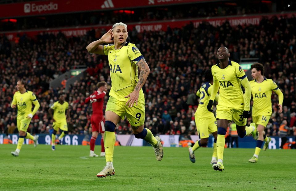 Tottenham Hotspur's Richarlison celebrates scoring their late equaliser against Liverpool at Anfield. Photo: Phil Noble/Reuters