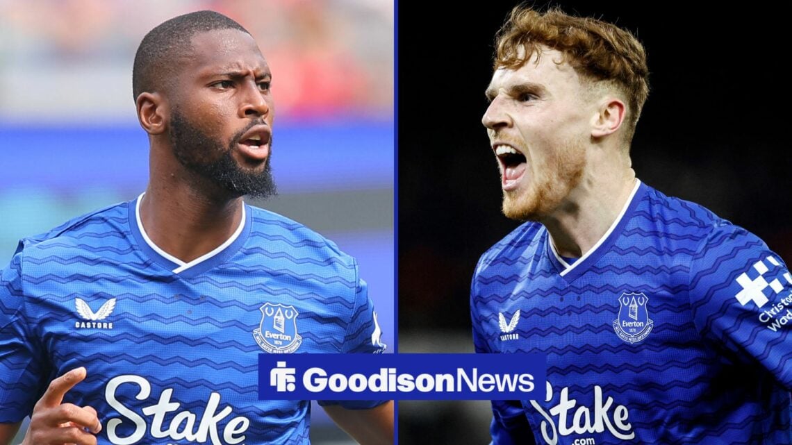 Beto playing for Everton looking towards Jake O'Brien celebrating for Everton