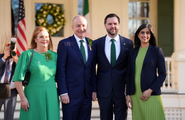 Taoiseach Micheal Martin and his wife Mary O’Shea are greeted by US vice president JD Vance and his wife Usha Vance