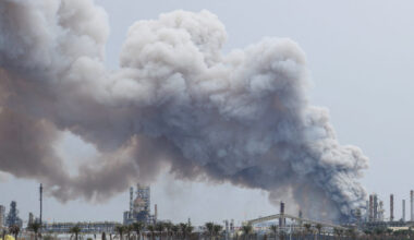 Smoke rises following a strike on the Bapco Oil Refinery on Sitra Island