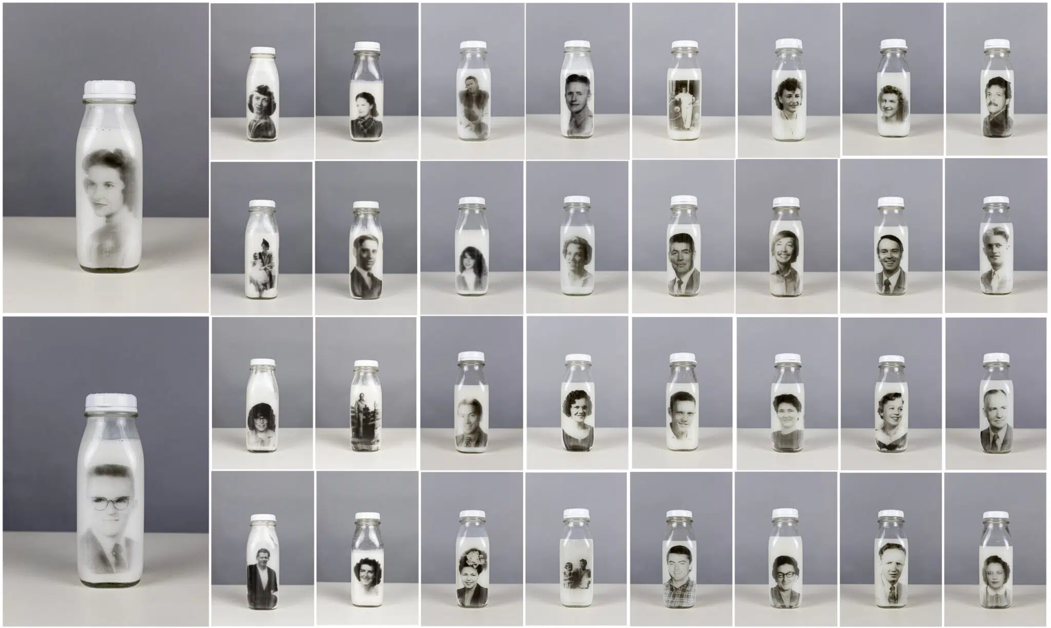 This collection consists of 34 family photographs printed onto glass milk bottles using Liquid Light, a light-sensitive silver-gelatin emulsion that can be applied to a variety of surfaces, and is developed in a darkroom.