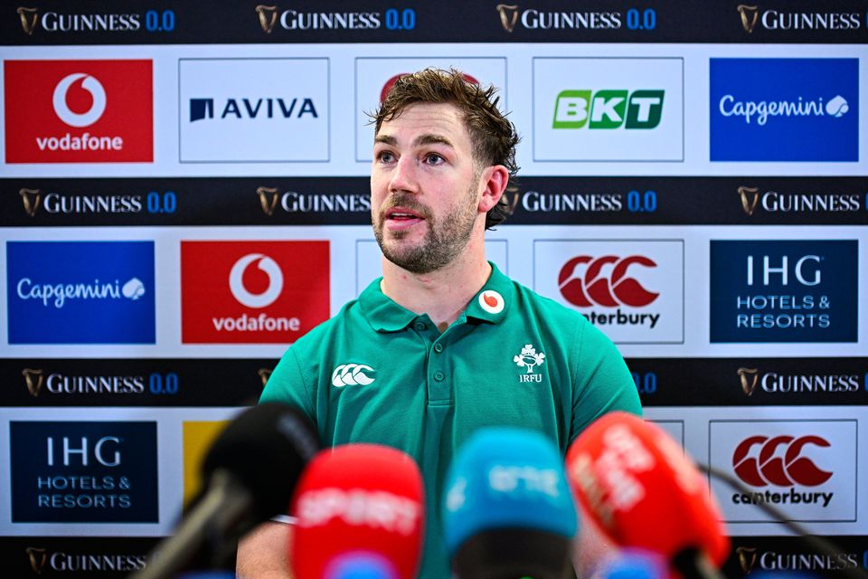 Caelan Doris during a media conference after an Ireland Rugby captain's run at the Aviva Stadium in Dublin. Photo by Seb Daly/Sportsfile
