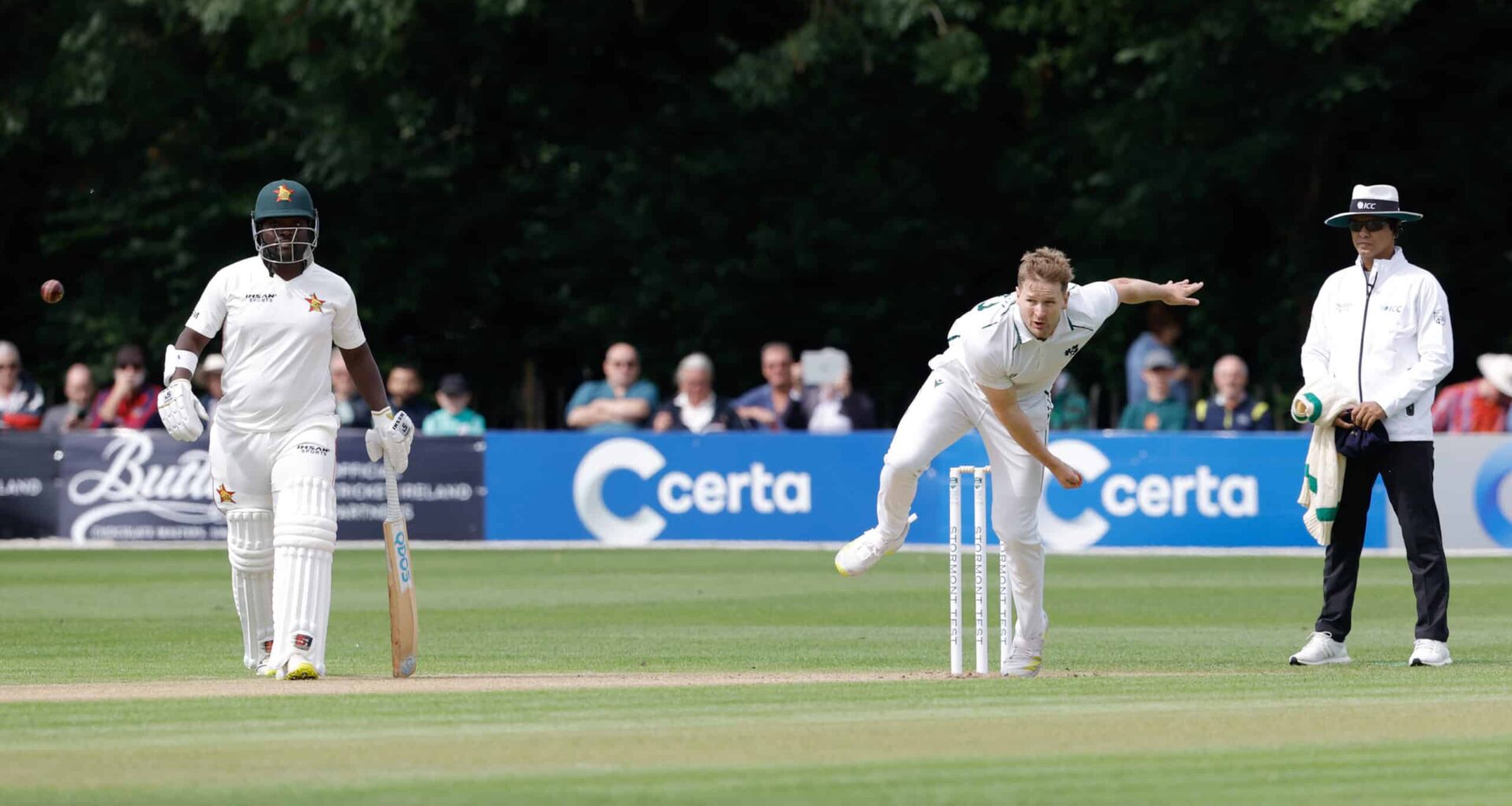 Barry McCarthy bowls in Belfast Test