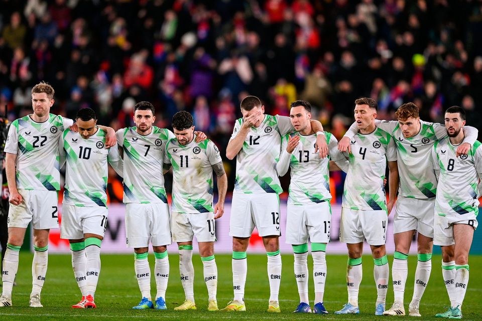 Republic of Ireland players react during the penalty shoot-out at Fortuna Arena in Prague. Photo: Stephen McCarthy/Sportsfile