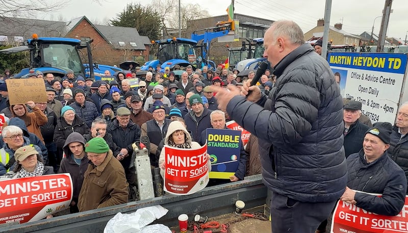 IFA president Francie Gorman speaks to the crowd outside the office of Minister for Agriculture Martin Heydon in Newbridge, Co Kildare, during a farmers' protest on Saturday.   Photograph: Alan Betson/The Irish Times

