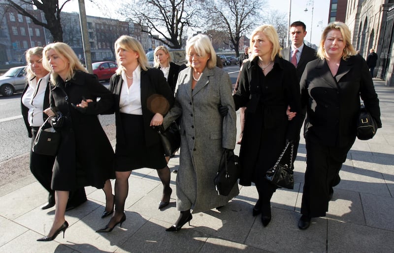 Relatives of Siobhán Kearney, including her mother Deirdre McLoughlin (centre), leaving the Central Criminal Court during Brian Kearney's murder trial. Photograph: Eric Luke