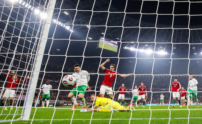 The goal that got us here: Troy Parrott scores Ireland’s third goal against Hungary in their Uefa Group F World Cup qualifier in Budapest last November. Photograph: Ryan Byrne/Inpho