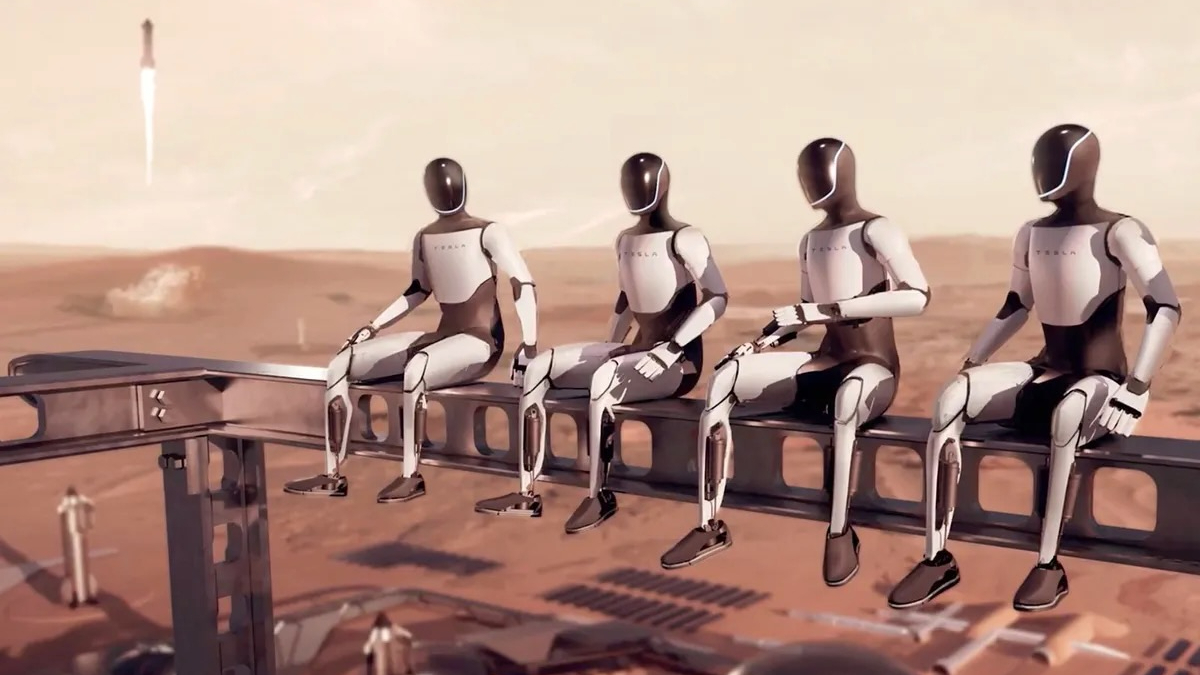 Artist's illustration of Tesla's Optimus robots helping to build a Mars settlement.