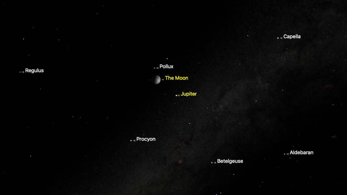 A simulation of the night sky for March 26 showing the waxing gibbous moon in a starry night sky with Jupiter close to its lower right.
