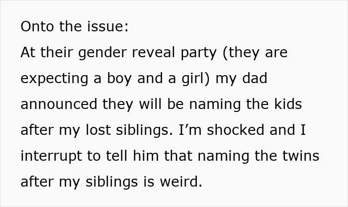 Text excerpt about dad reusing late siblings’ names for new babies at gender reveal party, causing shock and upset.