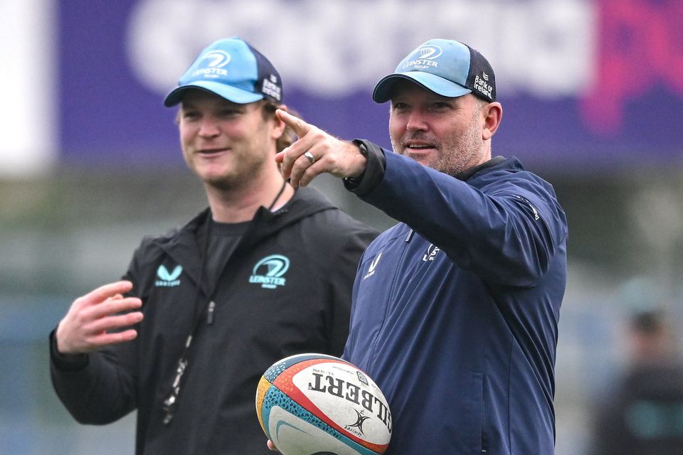 Leinster assistant coach Tyler Bleyendaal (left) and senior coach Jacques Nienaber have a lot of work to do with the players on the training ground this week after a heavy defeat to Glasgow last Friday night. Photo: Shauna Clinton/Sportsfile