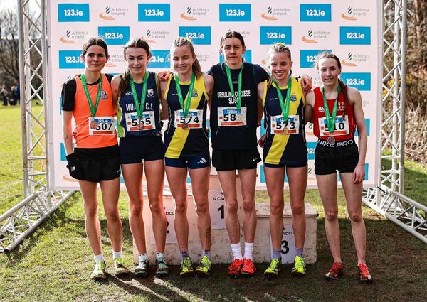 Gold medalist Freya Renton of Sacred Heart School Westport, second from right, with Ava Colreavy of Ursuline College, Sligo, third from right, Madison Welby of Friends' School Lisburn, Antrim, right, and, from left, Eimear O'Reagan of Dominican Col Belfast, Antrim, Ally Duffy of Moate Community School, Westmeath, and Holly Renton of Sacred Heart School Westport, after the inter girls event.