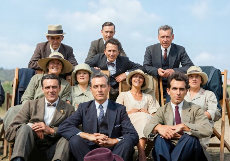 A group of men and women in vintage suits, dresses, and hats sit outdoors on wooden chairs, posing for a formal photo on a sunny day with blue skies and greenery in the background.
