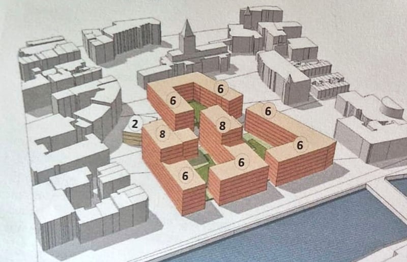 Wood Quay: Dublin City Council's indicative block layout of its proposed six- to eight-storey apartment buildings, with Christ Church at the rear