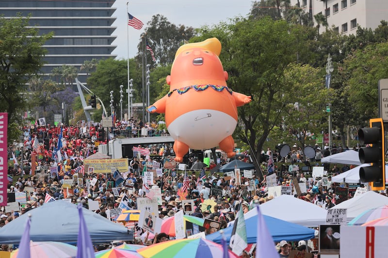 Protesters gather in front of Los Angeles City Hall during the 'No Kings' national day of protest against US president Donald Trump. Photograph: Etienne Laurent/AFP via Getty Images