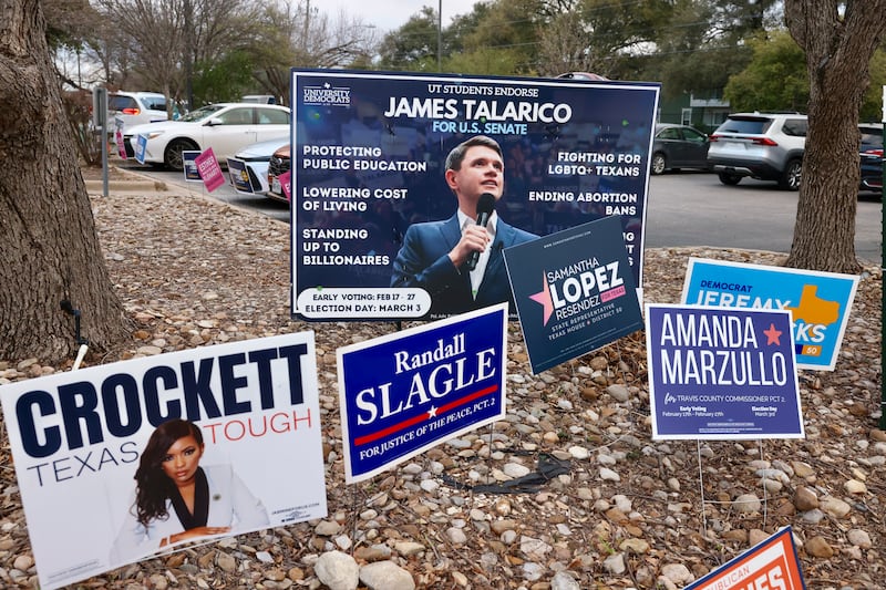 Campaign signs for US Senate candidates including Democrats James Talarico and Jasmine Crockett at a polling station on primary election day in Austin, Texas. Photograph: Ilana Panich-Linsman/The New York Times
                      