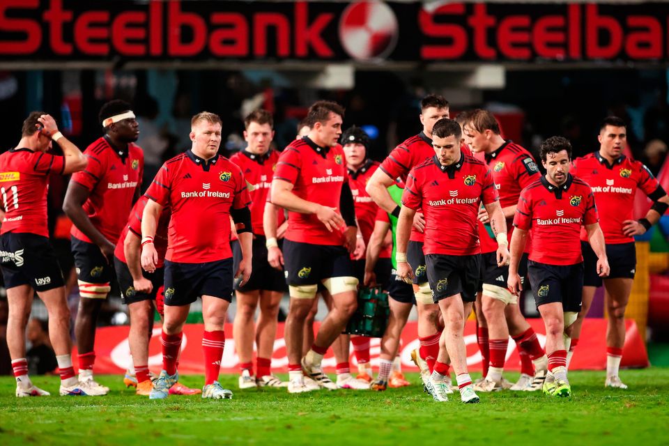 Munster players react at full-time in their United Rugby Championship defeat to the Sharks in Durban. Photo: Shaun Roy/Sportsfile