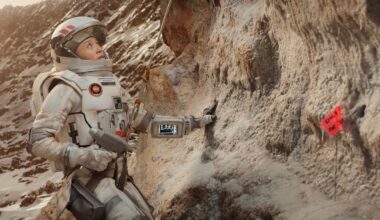 a woman in a spacesuit doing geological tests