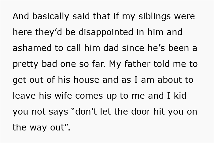 Text excerpt about a daughter confronting her dad who reuses late siblings' names and tells her to leave the house.