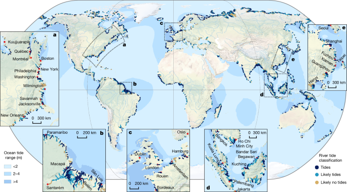 Fig. 4: Global river tide classification atlas with detailed inset maps of select coastal areas.