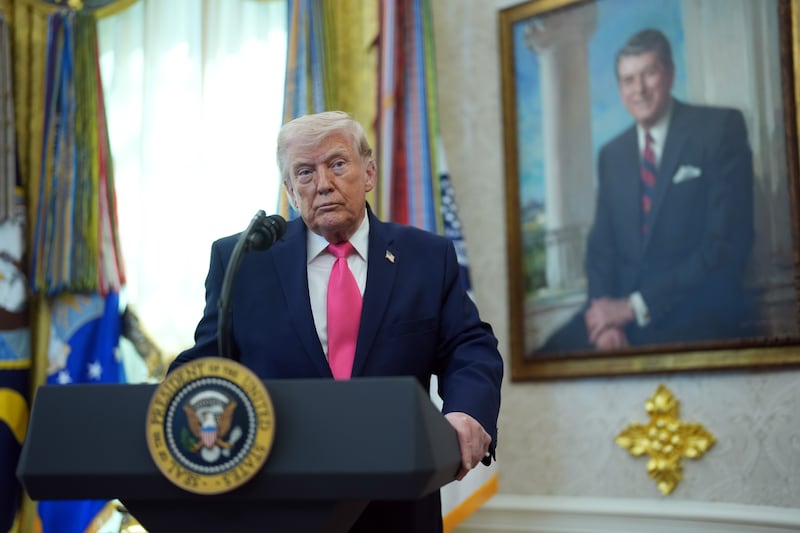 US president Donald Trump speaks at the swearing-in ceremony for secretary of homeland security Markwayne Mullin in the Oval Office at the White House in Washington this week. Photograph: Doug Mills/The New York Times
                      