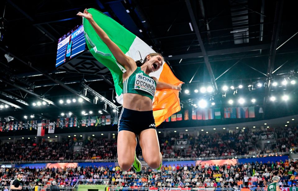Kate O'Connor jumps for joy. Photo: Sam Barnes/Sportsfile
