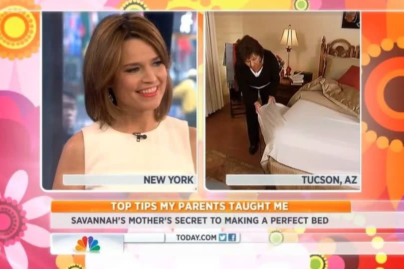 An image from a news segment featuring two separate visuals. The first visual shows a woman with short hair, dressed in a white sleeveless top, smiling and seemingly engaged in a conversation. The second visual depicts a person in a black outfit standing beside a bed adorned with a white blanket and pillows, suggesting a domestic or intimate setting. The overlay text indicates a focus on a unique parenting approach, with an emphasis on creating a perfect environment for a child.