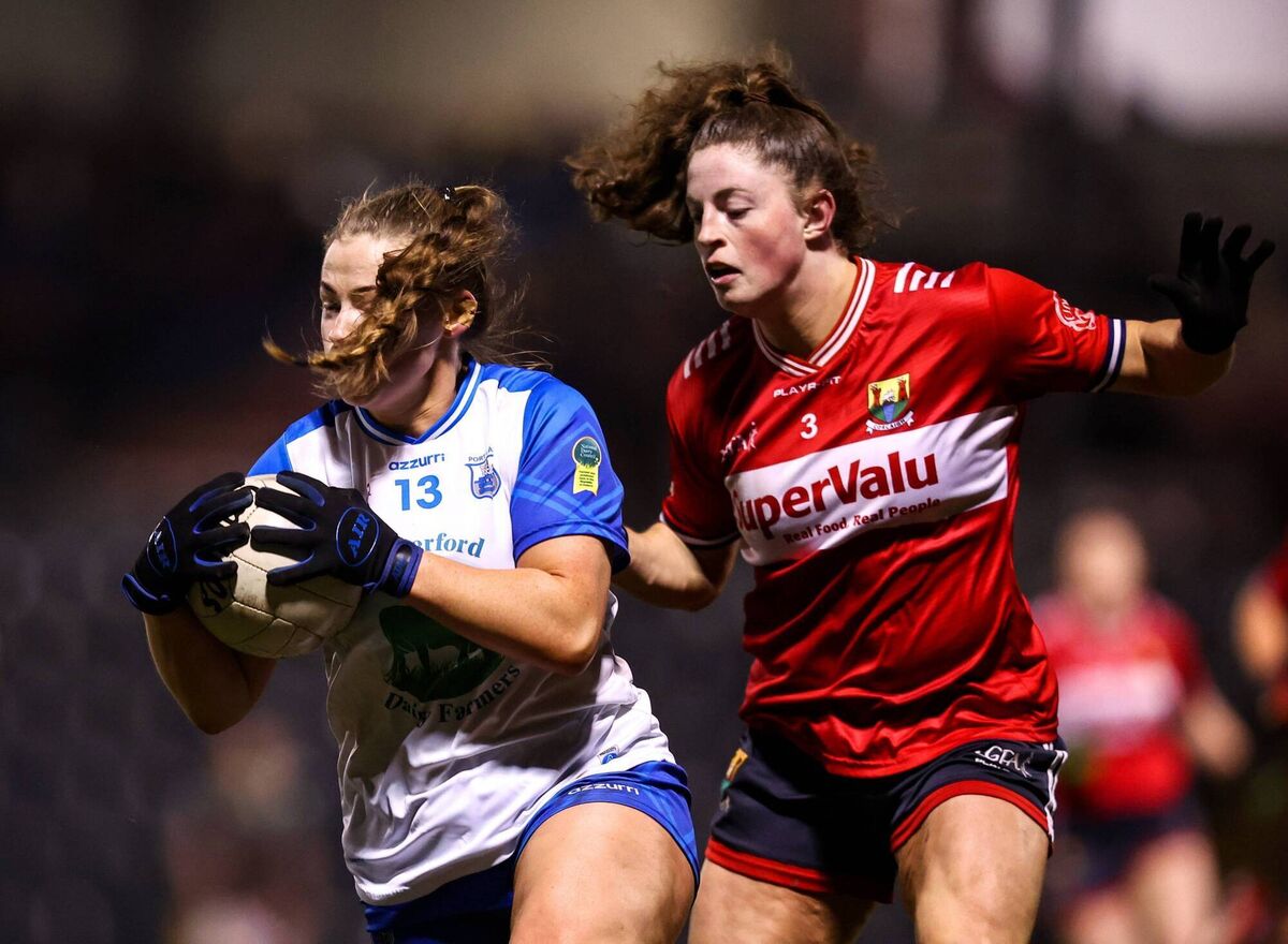 Chloe Fennell of Waterford takes on Dara Kiniry of Cork at Páirc Uí Rinn. Picture: Michael P Ryan/Sportsfile 