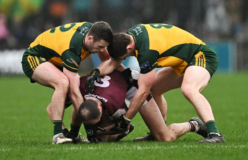 John Maher of Galway in action against Eoghan Bán Gallagher, left, and Hugh McFadden of Donegal. Pic:Ramsey Cardy/Sportsfile