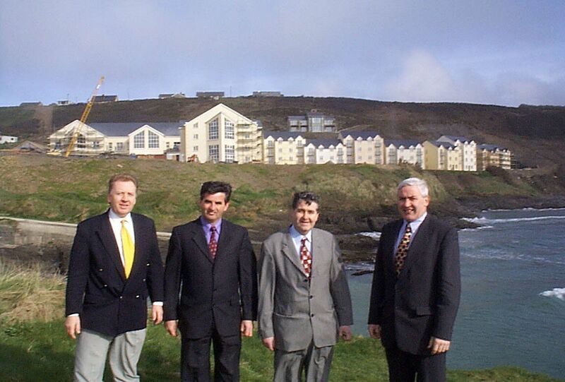 John F Kerr, John Fleming, Bertie Pope, and Séamus O’Mahony at Inchydoney Island Hotel which Fleming Construction completed in 1998.