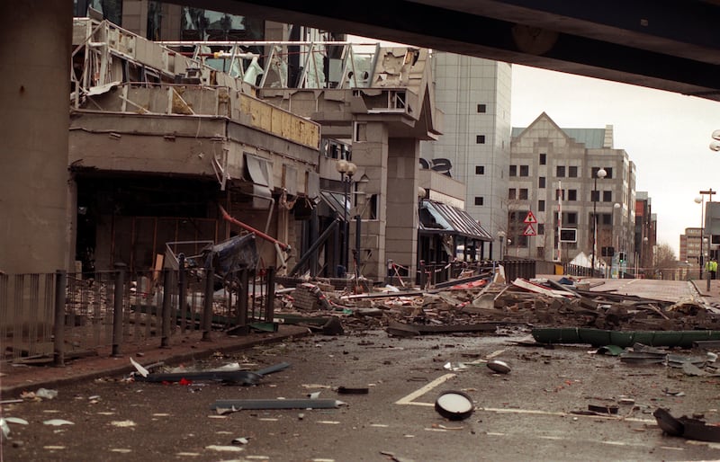 Debris lays strewn across the scene of the IRA bomb blast in London's Docklands in 1996. File photograph: PA