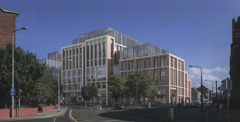 Camden Yard: an impression of the new complex that Dublin City Council plans to move its civic offices to, in a perspective from Kevin Street. Photomontage: Henry J Lyons Architects/Visual Lab