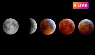 total lunar eclipse sequence showing the moon turn red and become a blood moon. in the upper right corner is a pink and purple rectangle with the word "live" written in white text to convey this is a live blog.