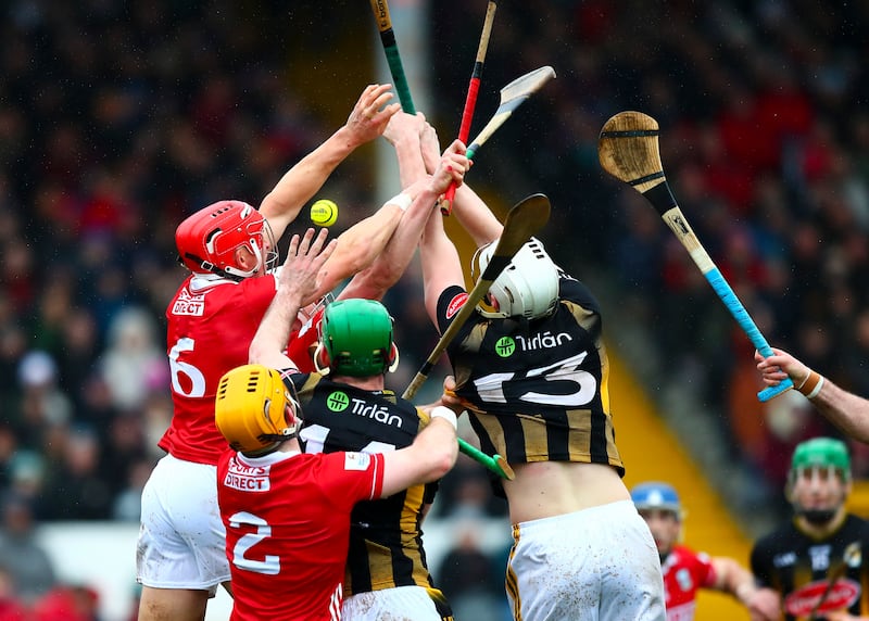 A view of players from both sides attempting to catch a high ball. Photograph: Inpho
