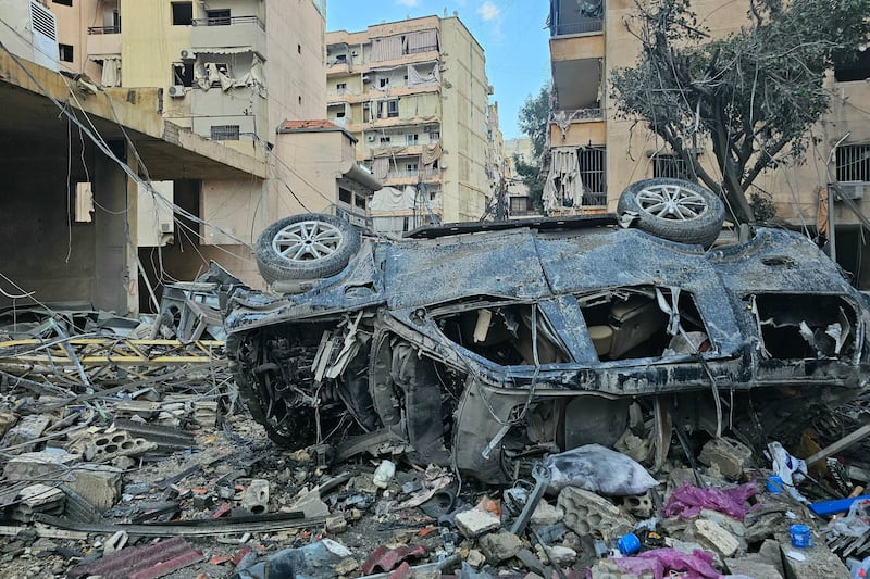 The site of an overnight Israeli airstrikes is pictured in the southern suburbs of Beirut on March 16, 2026. The Israeli military has begun what it described as "limited ground operations" against Hezbollah in southern Lebanon. (Photo by AFP via Getty Images) / 